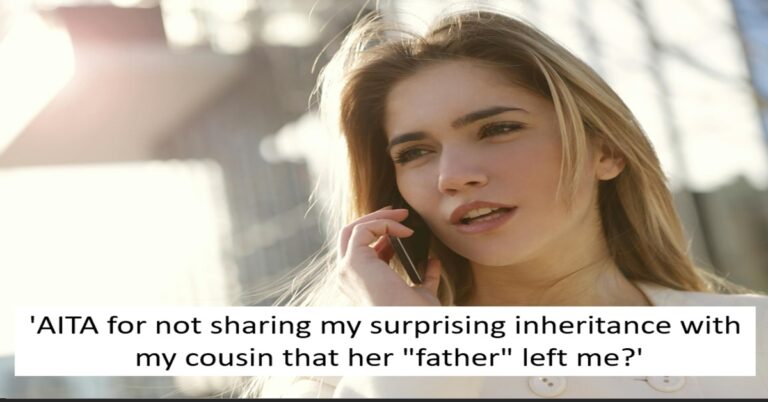 Woman looking puzzled while on the phone with text 'AITA for not sharing my inheritance with my cousin that her 