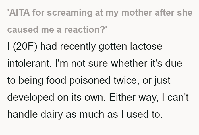 Mother disregards daughter's lactose intolerance, leading to family conflict