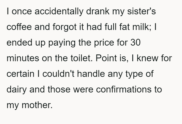 Mother disregards daughter's lactose intolerance, leading to family conflict