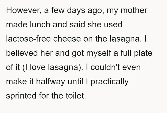 Mother disregards daughter's lactose intolerance, leading to family conflict