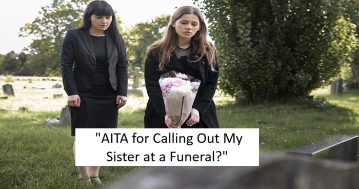 "Text reading 'AITA for calling out my sister at a funeral?' displayed over a somber background, symbolizing the emotional and controversial nature of a family conflict during a funeral."